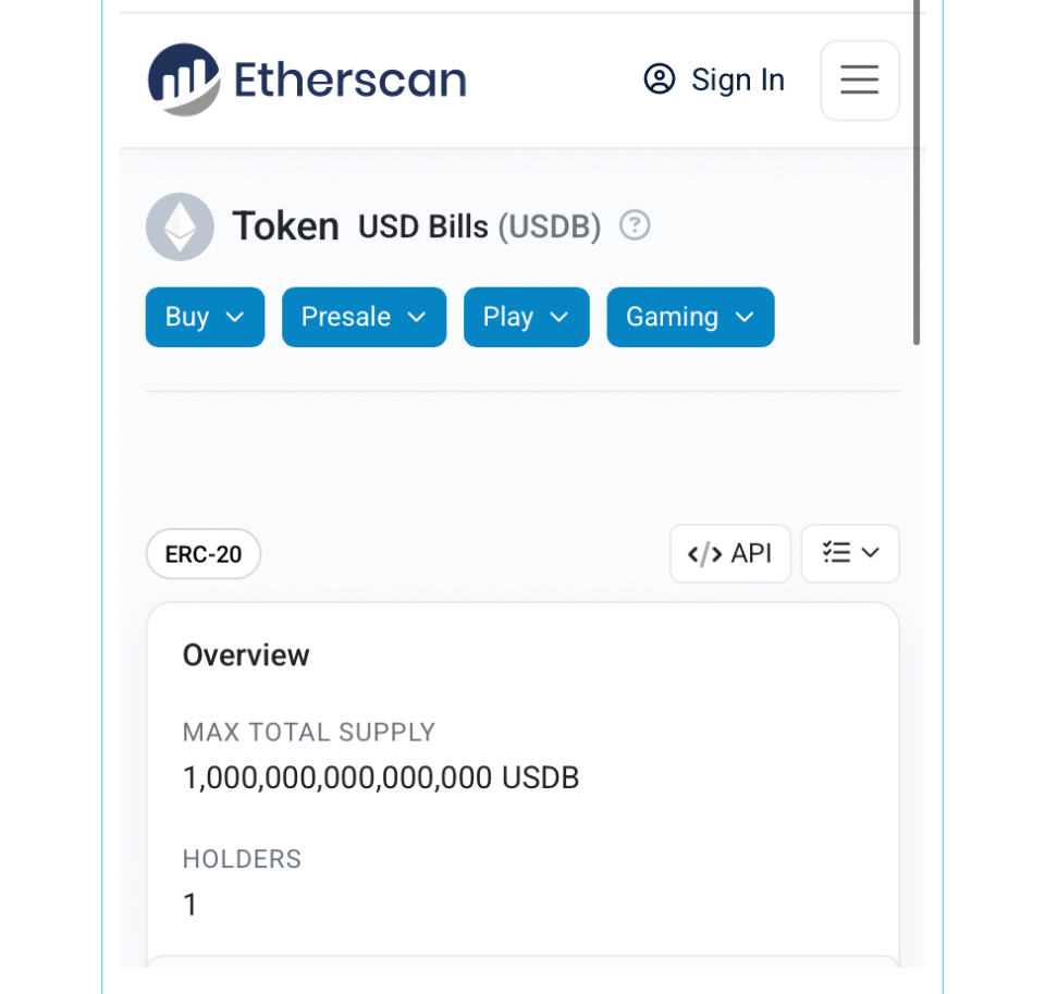 USD Bills (USDB) ERC 20 token